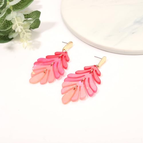 ARATLENCH Acrylic Pendant necklace Earrings – Long Statement Leaf Charm Necklace Tortoise Resin Palm Leaf Earrings Fashion Necklaces Earrings for Women - color: hot pink
