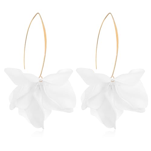 Exaggerated Bohemian Resin Rose Flower Petal Dangle Drop Earrings Long Acrylic Tiered Floral Tassel Earring for Women - color: White