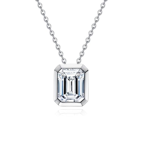 Moissanite 0.5-3ct Necklaces 18K White Gold Plated 925 Sterling Silver Bezel Set Round Cut D Color VVS1 Lab Created Diamond Solitaire Pendant Necklace for Women Men GRA Certified - style: Bezel Set Emerald Cut