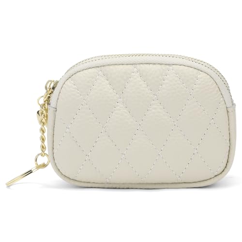 SENDEFN Women's Coin Purse Genuine Leather Wallet Small 2 Zippers Change Pouch Purse with Keychain Ring - color: 2-Beige