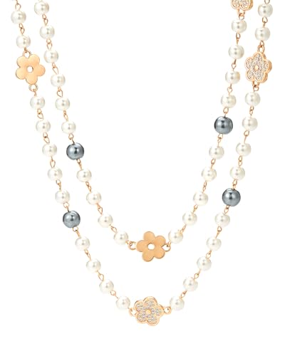 Long Pearl Necklace for Women, 8mm Simulated Pearl Strand Necklace, Layered Multi Strand Gold Beaded Necklace, 58" No Clasp Wrap Necklace Vintage Costume Jewelry Gift - style: 01-Long pearl necklace-Grey