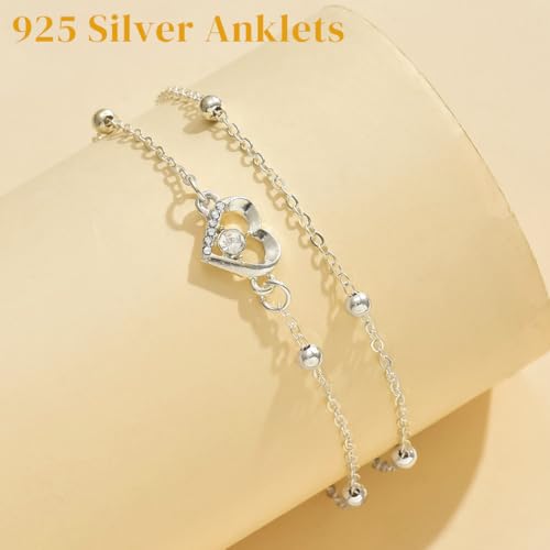 Yalice 925 Silver Ankle Bracelets Chain for Women Dainty 14K Gold Plated Waterproof Beads Anklets Layered Beach Foot Jewelry Gift - color: Silver-HeartA