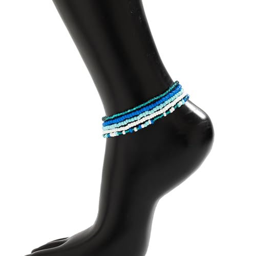 5Pcs Summer Beach Bead Anklet Bracelet,Multi-layered Pearl Anklets,Bikini Foot Chain Bracelet Wedding Bridal Adjustable Leg Bracelet Jewelry for Women Girls - style: Blue