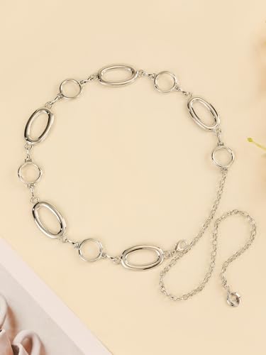 Waist Chain Belt Women Circle O-Ring Metal Link Body Chains Plus Size Gold Tone Chain Belt Fashion Waist Jewelry for Dress - color: Silver-43inch