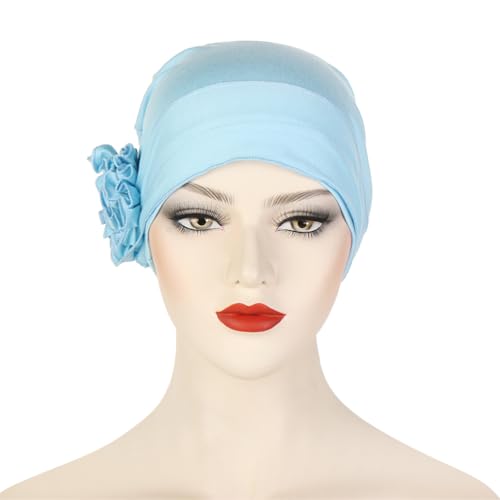 Headwrap Turbans for Women - Twist Soft Floral Solid Caps Pre Tied Chemo Beanies Headwear Hat for Cancer - color: Light Blue