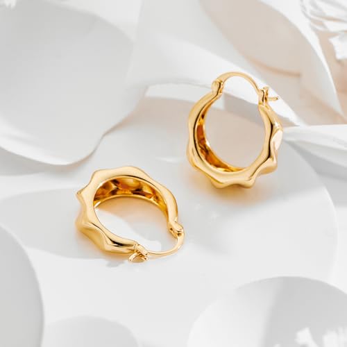 Hoop Earrings for Women 14K Gold Plated Thick Chunky Hoops Hypoallergenic Trendy Dainty Jewelry Gifts - style: Texture Hoop