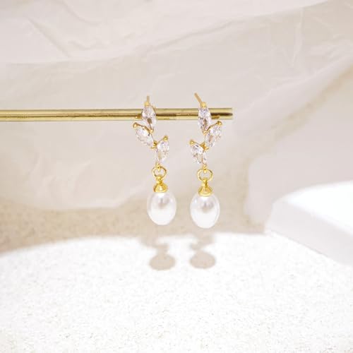 Pearl Earrings for Women, 14k Pearl Drop Dangle Earrings Gold Earrings for Women Trendy Cute Prom Bridal Earring Flower Long Earring Wedding Jewelry - color: style-5