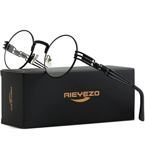 AIEYEZO Round Steampunk Sunglasses for Men Women Retro Circle Hippie Glasses Metal Frame 100% UV Blocking Lens - color: Black/Transparent