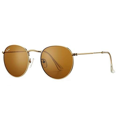 Pro Acme Polarized Round Sunglasses for Women Men Classic Retro Circle Metal Sun Glasses 50mm - color: E Gold Frame Brown Lens