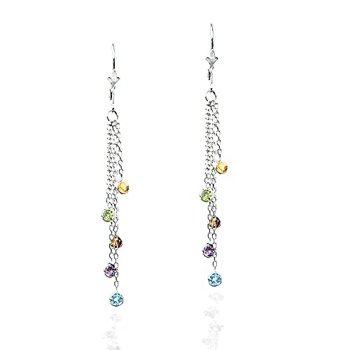14K White Gold Chandelier Earrings With Colorful Semiprecious Gemstones