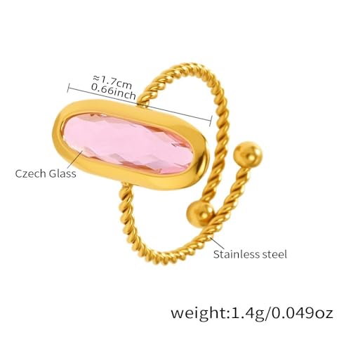 18K Gold Plated Adjustable Twisted Rings for Women Non Tarnish Oval Czech Glass Stone Stainless Steel Statement Rings Open Gemstone Boho Stackable Band Jewelry - color: Pink