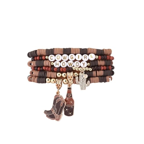 Fuqimanman2020 Boho Western Cowgirl Howdy Stackable Beaded Bracelet Set for Women Western Country Hat Boot Charms Polymer Clay Beads Bracelets Country Concert Rodeo Jewelry Gift - color: Style 2 Brown boots