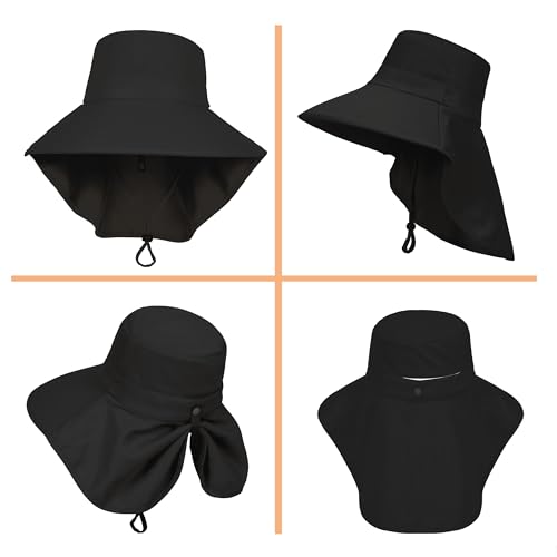 LA CARRIE Women Sun Hats Breathable Wide Brim UV Protection UPF 50+ with Neck Flap Hat for Summer Beach - color: Black