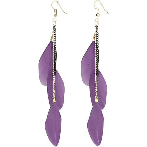 coadipress Boho Piercing Tassel Feather Long Chain Earrings Retro Lightweight Native Feather Dangle Drop Earrings for Women Bohemian Handmade Natural Feathers Earring Jewelry - color: Purple
