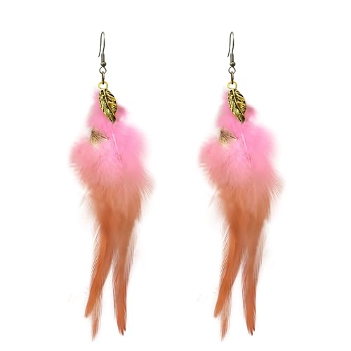 Feather Earrings for Women Bohemian Fringe Tassel Long Drop Dangle Earrings Lightweight Boho Statement earrings - color: pink