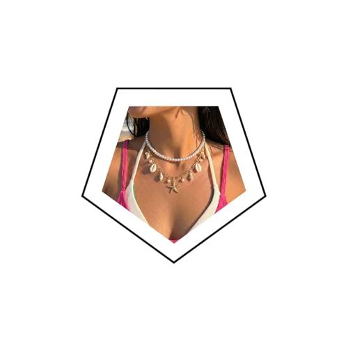 Boho Multi-layered Shell Starfish Necklace Layered Pearl Pendant Choker Necklace Fashionable Clavicle Chain Necklace Seaside Beach Vacation Jewelry for Women - color: Starfish1