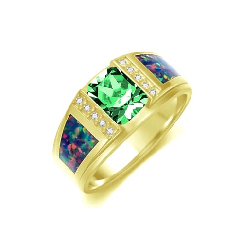 2CT Gemstone Wedding Ring for Men S925 Sterling Silver Gold Plated Opal Engagement Ring Vintage Retro Jewelry for Men Husband Anniversary Free Engraved Size 4 to 16 - style: Emerald