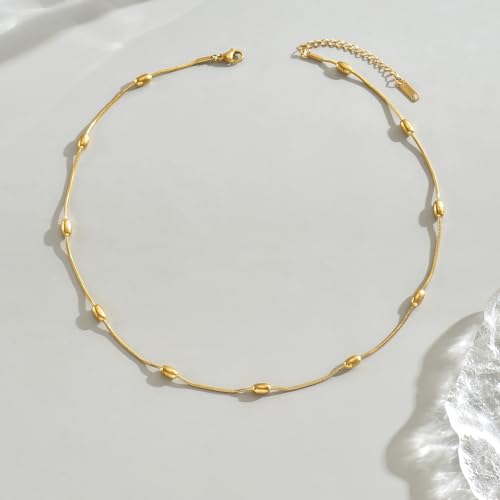 NONAMOIS Gold Chain Necklace for Women Dainty 18K Gold Plated Thin Satellite Beaded Turquoise Necklace Simple Layered Boho Jewelry Christmas Gifts - color: Snake Beads-Gold