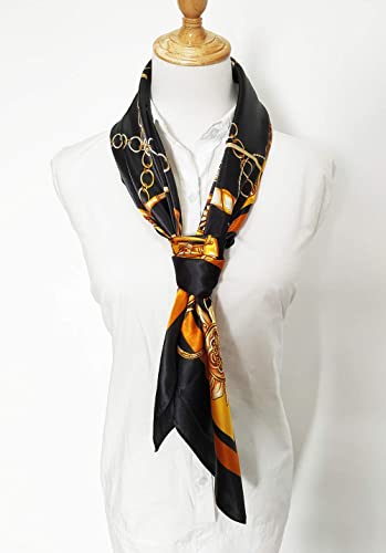 vabovin Satin Head Scarf for Women Silk Like Hair Scarf, 35 x 35 in | Silk Feel Fabric, Hair Wrap for Sleeping, Headscarf and Neck Scarf, Square Bandana Style, Fashion Accessory - color: 014 Black Golden Chain Print