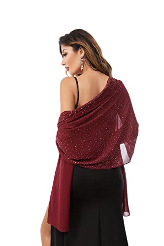Shawls and Wraps for Evening Dresses Sheer Chiffon Women Elegant Soft Silky Sparkly Wedding Bridal Scarf - color: Burgundy C