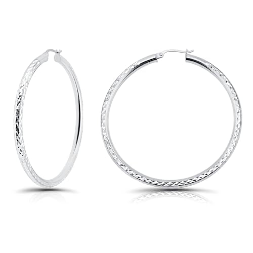 Hoops & Loops 925 Sterling Silver Diamond-Cut Round Hoop Textured 3mm Click-Top Earrings for Women, Slver, Two-Tone 14K Yellow Gold Flash Plate 15/20/25/30/35/40/45/50mm Hoops - color: Silver, size: 50mm (2'')