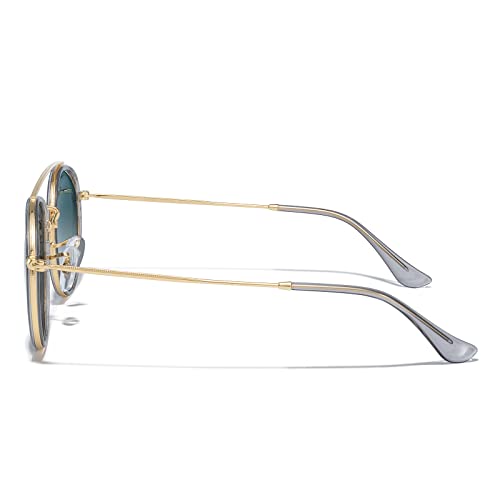 MERRY'S Retro Round Polarized Sunglasses - Unisex Double Bridge Sun Glasses - color: Tra Gray Frame/Gold Bridge/Green Gradient Lens