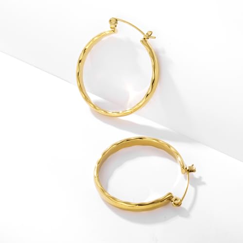 Stainless Steel Hoop Earrings for Women Gold Tone Geometric, Huggie Heart Twisted Minimalist Engraved Designs for Daily Wear - color: Gold_30mm