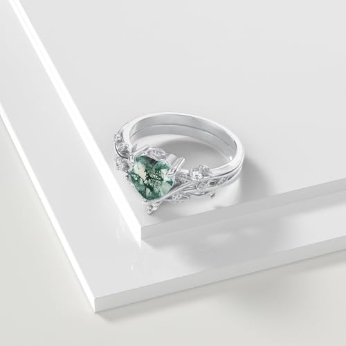 Natural Moss Agate Ring for Women 925 Sterling Silver Pear/Oval/Kite/Heart/Hexagon/Emerald/Coffin Cut Green Leaf Moss Agate Engagement Ring Promise Bridal Set Anniversary Birthday Jewelry Gifts - color: Heart Cut Moss Agate