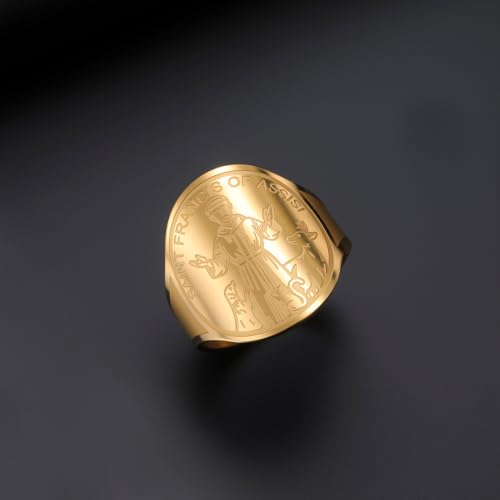 TEAMER Resizable Saint Francis of Assisi Ring Pendant Patron Saint of the Animals and Nature Francis Pet Protect Medal Catholic Jewelry For Women Men - color: Gold