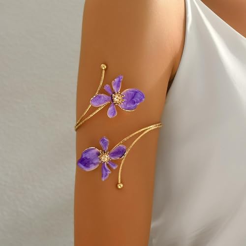 Arm Cuff Jewelry for Women Adjustable Flower Cuff Bangle Bracelet Gold Armband Upper Jewelry Gifts for Women Boho Western Accessories - color: B1:purple flower