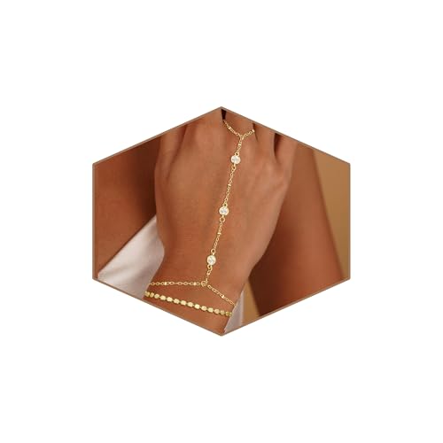 Gold Bracelets for Women Trendy, Dainty Gold Hand Chain Bracelets Stackable 14k Gold Plated Finger Ring Bracelet Hand Chain Cz Flower Layered Link Bracelets for Women Non Tarnish Jewelry Gifts - style: layered cz hand chain bracelet-gold