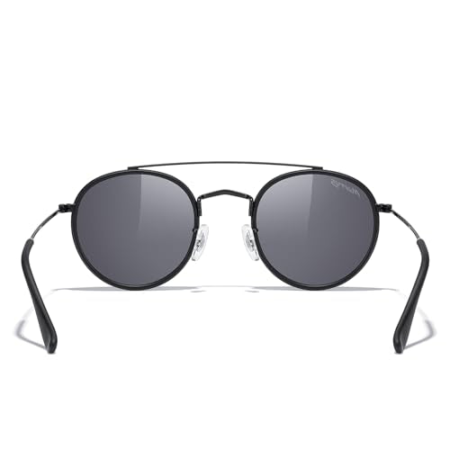 MERRY'S Retro Round Polarized Sunglasses - Unisex Double Bridge Sun Glasses - color: Matte Black Frame/Matte Black Bridge/Silver Mirror Lens