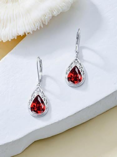 POIUY Gifts for Women Hypoallergenic Teardrop Filigree Birthstone Leverback Dangle Earrings 18K White Gold Fashion Jewelry Anniversary Wedding Birthday Gifts for Women Daughter Sister Girlfriend Wife - style: 1-January Birthstone Earrings