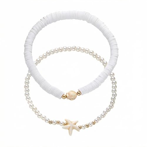 Boho Beads Beach Layered Anklet Set for Women, Handmade Gold Starfish Pearl Shell Anklets Summer Ocean Accessories Jewelry Gift - color: White