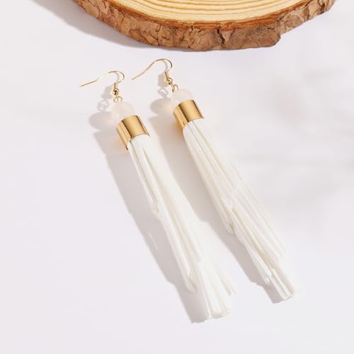 Coiris Boho Leather Layered Tassel Earrings for Women Lightweight Leather Fringe Dangle Earrings Handmade Bohemian Summer Beach Western Drop Earrings for Women - color: White