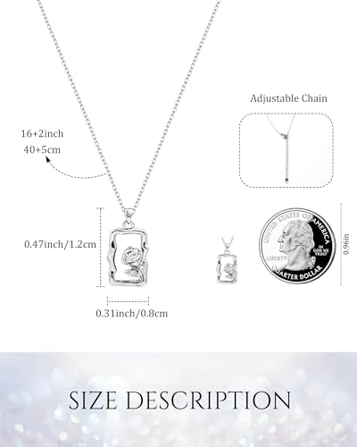 Dainty Silver Square Rose Necklace for Women Lightweight Flower Pendant Necklaces with Wavy Border Fashion Cute Floral Jewelry Gift