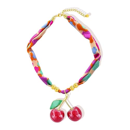Scarf Necklace with Charm Gold Starfish Chunky Cross Heart Flower Pendants Bandana Charm Necklace Western Scarf for Women Boho Cowgirl Country Cowboy Accessories Beach Vacation Vacation Outfits Jewelry - color: C7-Scarf Necklace With Cherry Charm
