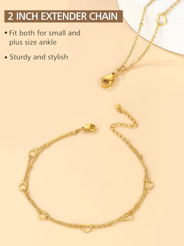 FindChic Black/Silver/Gold Plated Anklets Set of 2PCS/3PCS Herringbone Chain Cuban Link Heart Charm Sparkling Tennis Ankle Bracelets, Waterproof Summer Foot Jewelry for Beach - color: 07. Gold-Layered Heart Charm