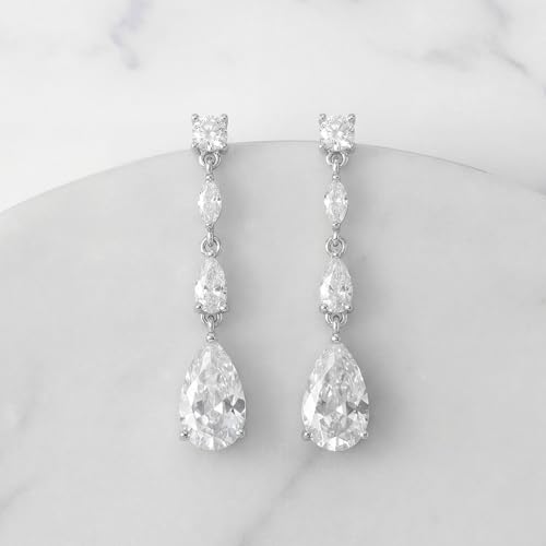 SWEETV Cubic Zirconia Dangle Earrings for Women, Teardrop Bridal Earrings for Wedding, Brides, Bridesmaids, Pear Shaped Drop Earrings for Women Prom Formal Party, Silver - color: Silver-Style2