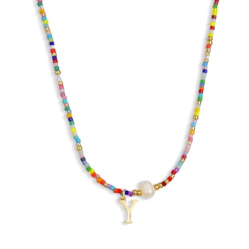 Colorful Pearl Beaded Initial Choker Necklaces for Women, Boho Handmade Personalized Seed Beads Letter Name Necklace Beach Surfer Bohemian Jewelry Gift - color: Y