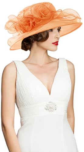 Women's Kentucky Derby Church Dress Hat Wide Brim Leaf Flower Bridal Shower Hat - color: A12-golden Orange