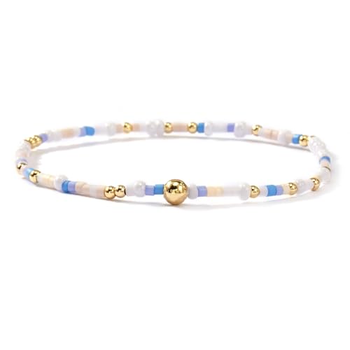 Colorful Beaded Bracelet Stack for Women,3PCS Handmade Bohemian Gold Plated Ball Stretch Stackable Bracelets Set Fashion Jewelry Gift Friendship - color: White