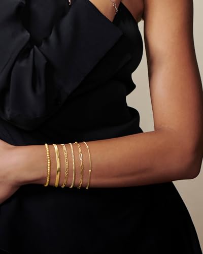 Dearmay Gold Bracelets for Women Waterproof, 14K Gold Plated Minimalist Bracelets Stack Non Tarnish Trendy Dainty Herringbone Vintage Cuban Paperclip Rope Thin Box Link Chain Stackable Jewelry Sets Modern Fashion Accessories Gifts for Womens - style: 5Pcs