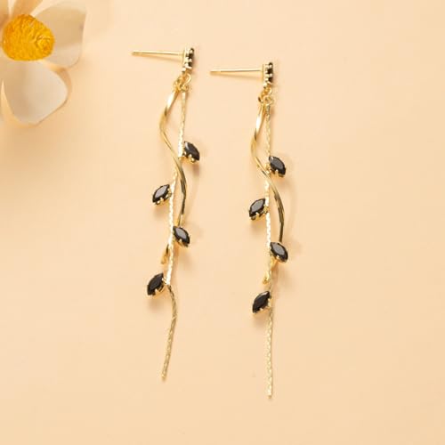 Temperament Long Zircon Tassel Earrings for Women Charm Jewelry Sparkling Crystal Leaves Twist Dangle Earrings for Friends - color: Gold-Balck Leaves