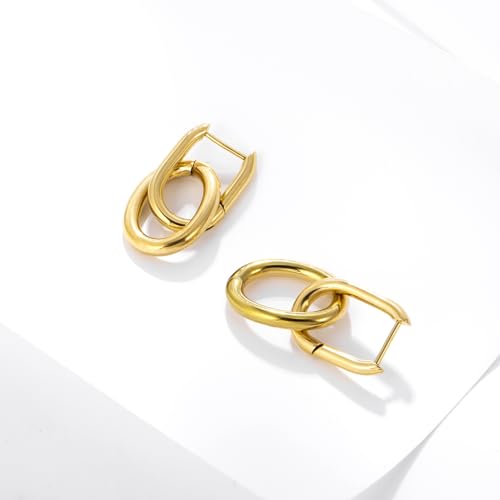 Stainless Steel Hoop Earrings for Women Gold Tone Geometric, Huggie Heart Twisted Minimalist Engraved Designs for Daily Wear - color: Gold_15mm*33mm