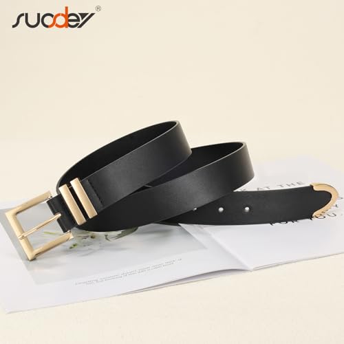 SUOSDEY Plus Size Women's Leather Belts for Jeans Pants Dress Fashion Women Waist Belt with Gold Buckle - color: Black, size: Fit waist size 32''-37''