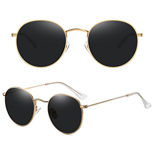 MEETSUN Round Polarized Sunglasses for Women Men Classic Retro Metal Frame Sun Glasses UV Protection - color: Gold/Grey