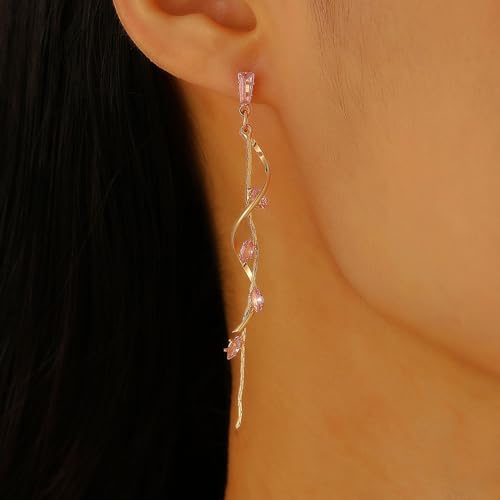 Temperament Long Zircon Tassel Earrings for Women Charm Jewelry Sparkling Crystal Leaves Twist Dangle Earrings for Friends - color: Gold-Pink Leaves