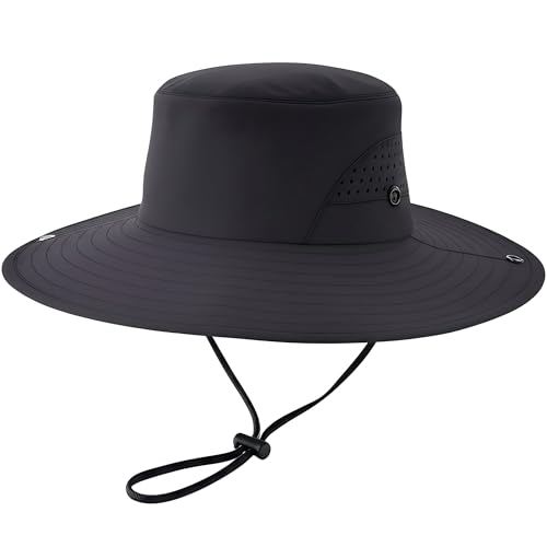 Wide Brim Nylon Sun Hat for Men Women Premium Packable Outdoor Fishing Hiking Hat Breathable Vent Holes Foldable for Beach - color: Black