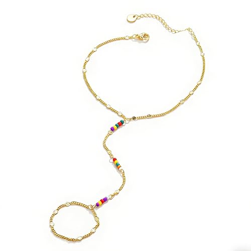 Hand Chain Bracelets for Women - 14K Real Gold Plated Dainty Stackable Paperclip Link Bracelets Hand Chain Bracelet Ring Gold Bracelets for Women Trendy - color: Colorful Sparkle Hand Chain